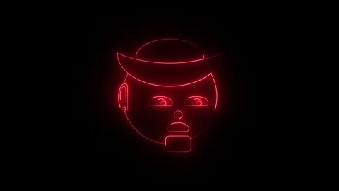 Red neon robot face with top hat glowing in dark Stock Footage 346305894