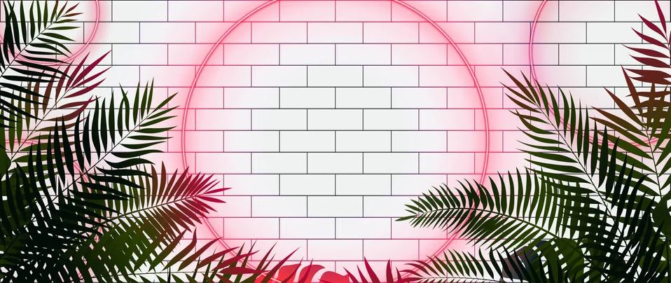 Red neon round shape, on the background of a white rectangular tile, modern t Stock Illustration