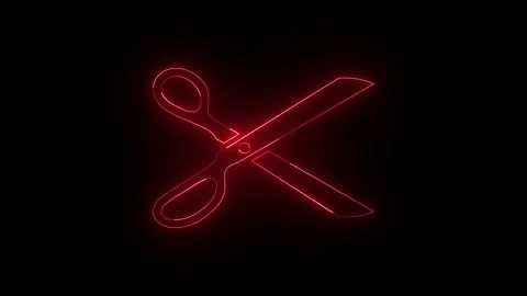 Red neon scissors cut animation on black background. Stock Footage 318596136