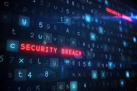 Red neon SECURITY BREACH text is glowing on dark flat design interface with 스톡 일러스트