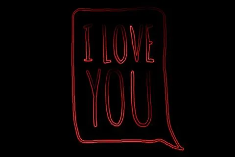 Red neon speech bubble is glowing in flat design on black background, featuring Stock Photos