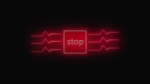 Red Neon Stop Button with Pulsating Light Lines on a Dark Grid Background i.. Video stock 331931181
