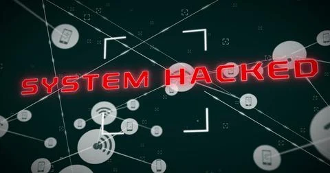 Red neon text displaying SYSTEM HACKED dominating digital background Stock Photos