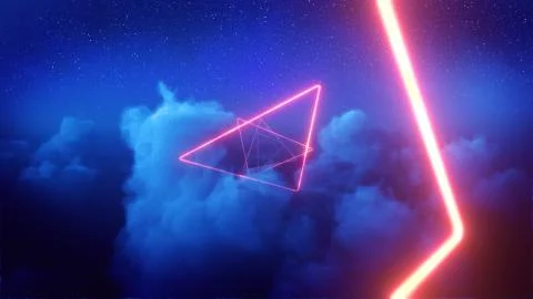 Red neon treangles in blue clouds Illustrazione stock