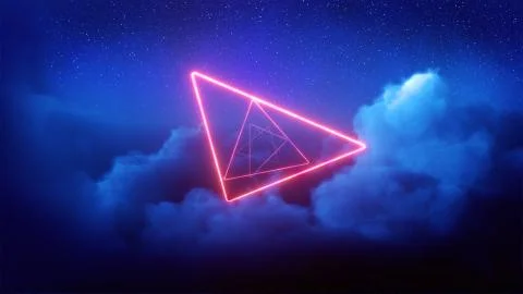 Red neon treangles in blue clouds Illustrazione stock