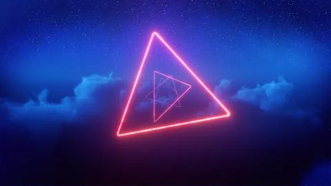 Red neon treangles in blue clouds Illustrazione stock