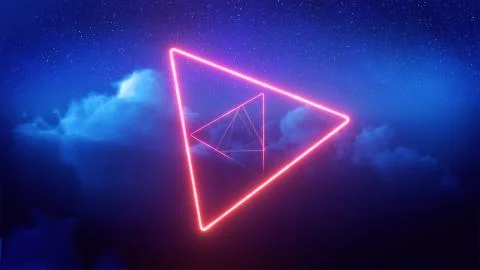 Red neon treangles in blue clouds Illustrazione stock