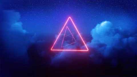 Red neon treangles in blue clouds Illustrazione stock