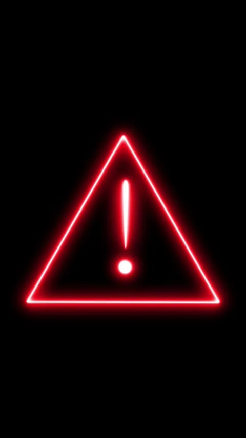 Red neon triangle with exclamation mark symbol. Red neon triangle warning d.. Stock Footage 345719336