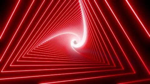 Red neon triangular tunnel moving into the distance, neon geometric background Illustrazione stock
