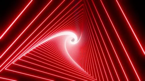 Red neon triangular tunnel moving into the distance, neon geometric background Illustrazione stock
