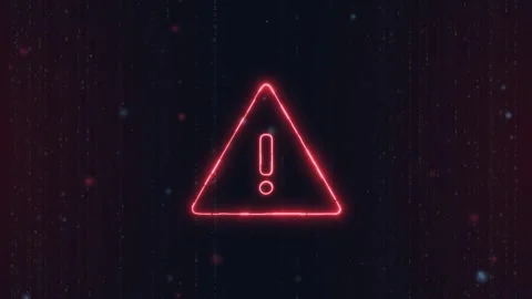 Red neon warning triangle with an exclamation mark over falling binary code 動画素材 344642841