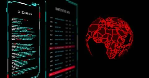 Red neon wireframe globe pulsing and updating while COLLECTING DATA panel Stock Photos