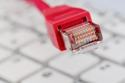 A red network cable of a computer. In the background a computer keyboard statue 写真素材