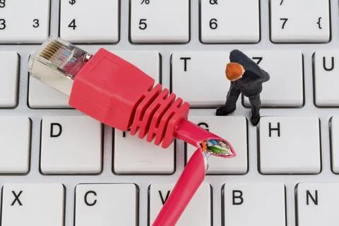 A red network cable of a computer. In the background a computer keyboard statue Stock Photos