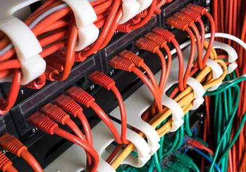 Red network cables connected to switch Foto stock