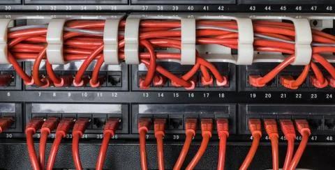 Red network cables connected to switch Stock Photos