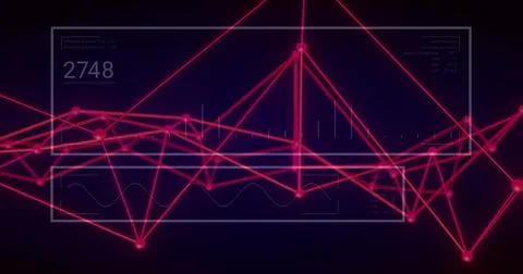 Red network connections and data points image over dark background with Illustrazione stock