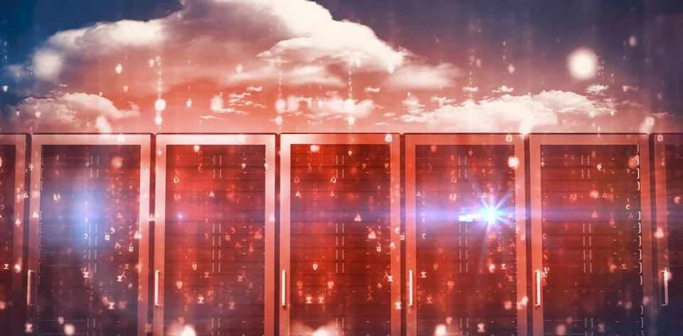 Red network server room against cloudy sky 写真素材