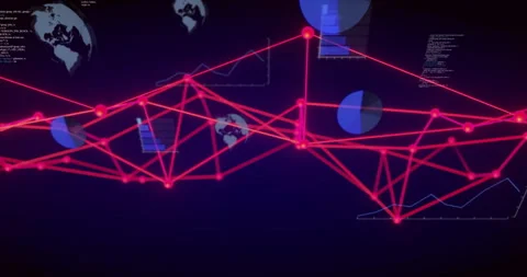 Red network web forming as nodes joining, charts spinning, code scrolling, plot Stock Footage 310459554