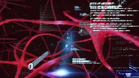 Red neural network animation over digital code and data processing elements Stock Footage 303528195