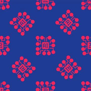 Red Neural network icon isolated seamless pattern on blue background. Artificial Stock Illustration