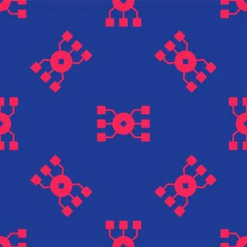Red Neural network icon isolated seamless pattern on blue background. Artificial Stock Illustration