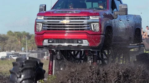 Red New mudding Large Wheels Truck Chevy Big Tires Видео 302310728
