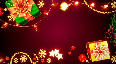 Red new year backdrop with gift box and garlands - abstract 3D rendering Illustrazione stock