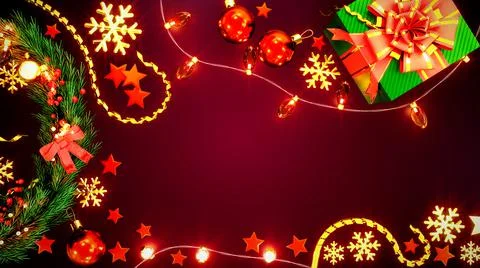 Red new year background with present box and garlands - abstract 3D rendering Illustrazione stock