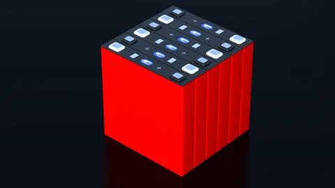 Red NMC Prismatic battery modules for electric vehicles, mass production ac.. Stock Illustration