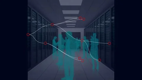 Red node sending links connecting server silhouettes until others fade leaving Stock Footage 309894223