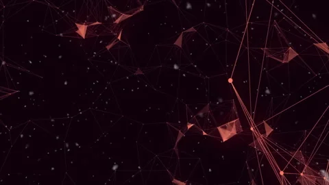 Red nodes glowing and connecting over dark triangular mesh while white particles Stock Footage 310218821