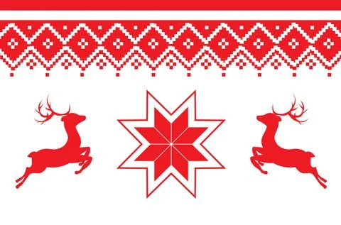 Red nordic pattern with deer Stock Illustration