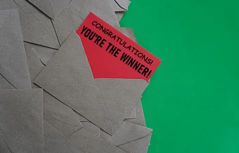 Red note Congratulation, you are the winner in envelope. Appreciation concept Stock-Fotos