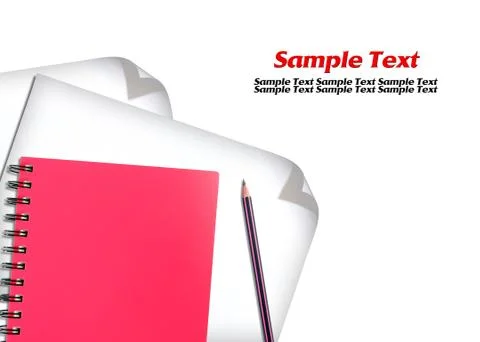 Red notebook and white paper with pencils isolated on white background Illustrazione stock
