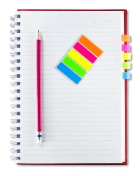 Red notebook , pencil and set of indexing Stock Photos