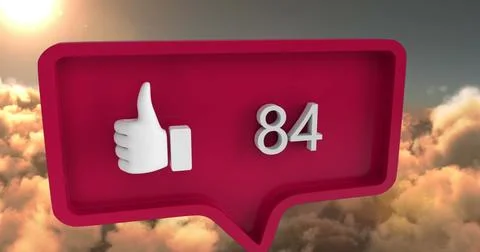 Red notification icon with thumbs up and number 84 floating above clouds Ilustração Stock