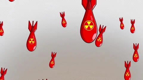 Red nuclear atom bombs falling from the sky and exploding. Stockbeeldmateriaal 347329517