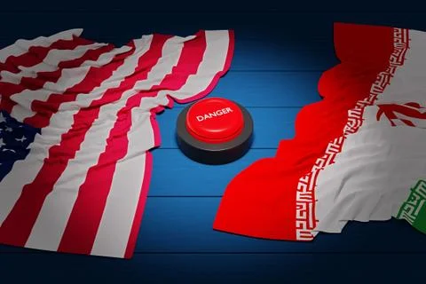 A red nuclear button labeled DANGER and the flags of the United States and Ir Stockillustratie