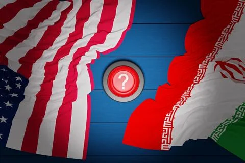 A red nuclear button with a Question mark and the flags of the United States Stock Illustration