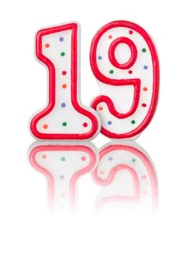 Red number 19 with reflection on a white background 库存照片