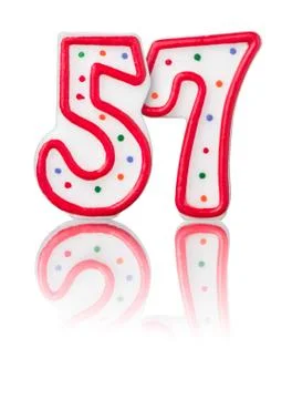 Red number 57 with reflection on a white background 스톡 사진