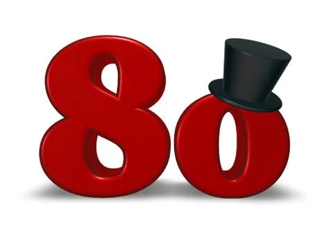Red number eighty with topper on white background - 3d illustration Stock Illustration