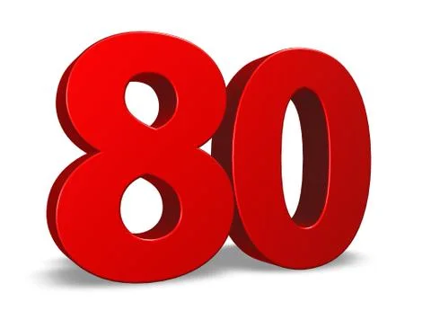 Red number eighty on white background - 3d illustration Stock Illustration