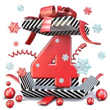 Red number FOUR 4 inside open gift box 3D Stock Illustration
