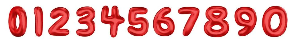 Red numbers from 0 to 9. Set of bright spherical figures. Realistic 3d design Stock Illustration