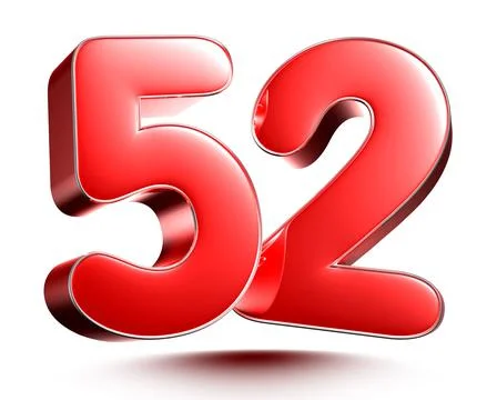 Red numbers 52 isolated on white background illustration 3D rendering with cl Stock Illustration