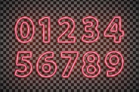 Red numbers font made with led neon tube isolated on transparent background. Stock Illustration