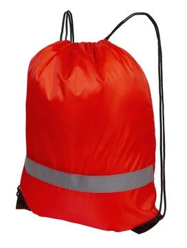 Red nylon drawstring bag with reflective tape, isolated over white Stock Photos
